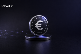 Revolut EURR, le stablecoin adossé à l'euro, pièce euro frappée avec le symbole €, les 12 étoiles et l'inscription EURR