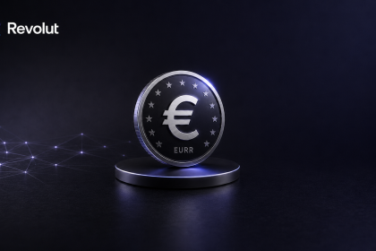 Revolut EURR, le stablecoin adossé à l'euro, pièce euro frappée avec le symbole €, les 12 étoiles et l'inscription EURR
