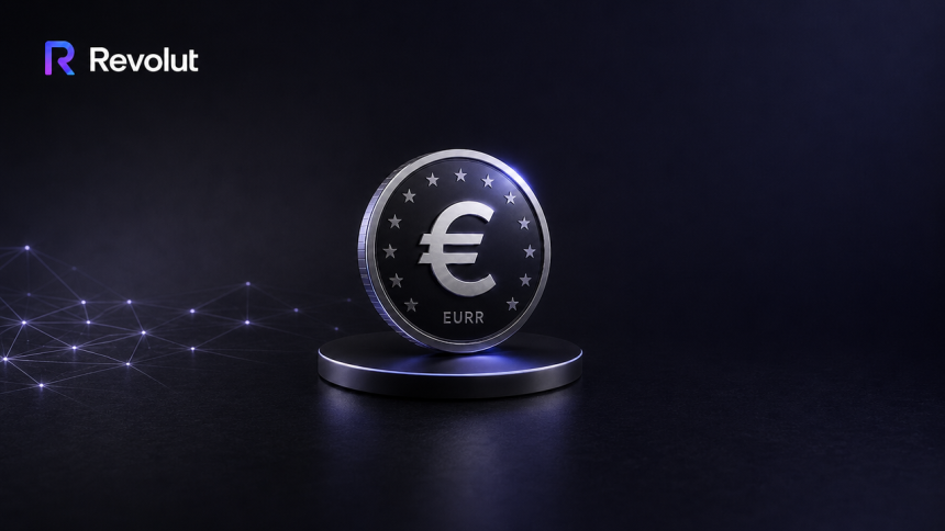 Revolut EURR, le stablecoin adossé à l'euro, pièce euro frappée avec le symbole €, les 12 étoiles et l'inscription EURR