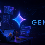 Concept : élève utilisant une tablette avec l'assistant Google Gemini à l'école, logo Gemini et éléments éducatifs holographiques