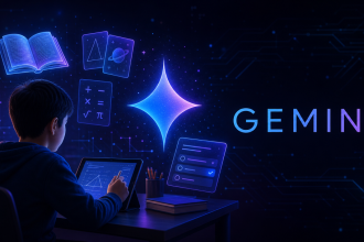 Concept : élève utilisant une tablette avec l'assistant Google Gemini à l'école, logo Gemini et éléments éducatifs holographiques