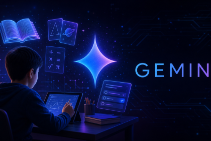 Concept : élève utilisant une tablette avec l'assistant Google Gemini à l'école, logo Gemini et éléments éducatifs holographiques