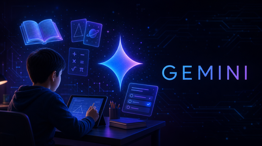 Concept : élève utilisant une tablette avec l'assistant Google Gemini à l'école, logo Gemini et éléments éducatifs holographiques