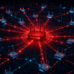 Illustration conceptuelle d'un botnet Linux : un routeur central compromis en rouge (centre de commande) relié par des faisceaux rouges à des routeurs périphériques infectés, sur fond techno sombre