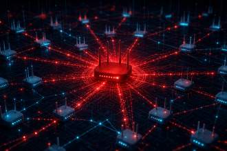 Illustration conceptuelle d'un botnet Linux : un routeur central compromis en rouge (centre de commande) relié par des faisceaux rouges à des routeurs périphériques infectés, sur fond techno sombre