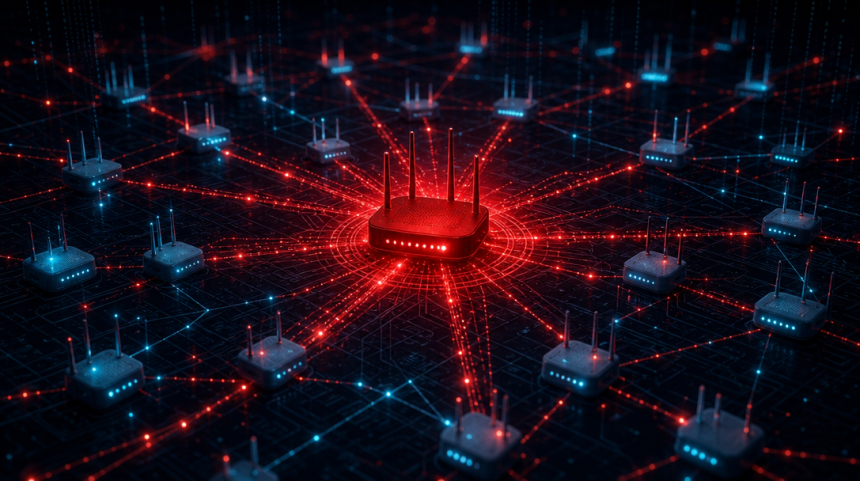 Illustration conceptuelle d'un botnet Linux : un routeur central compromis en rouge (centre de commande) relié par des faisceaux rouges à des routeurs périphériques infectés, sur fond techno sombre