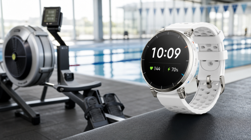 Amazfit Active 3 Premium dans un centre fitness avec rameur et piscine, focale de la mise à jour firmware aviron FTMS et natation