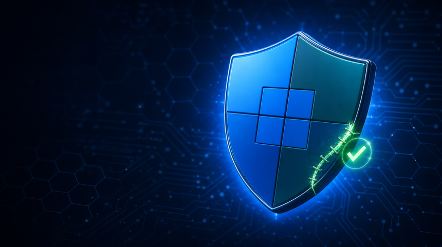 Concept sécurité : bouclier Microsoft Defender avec coche verte de protection active, illustrant le correctif de la faille zero-day ShieldBreak