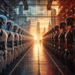 Concept robots humanoïdes alignés dans une usine futuriste, guerre des robots US-Chine