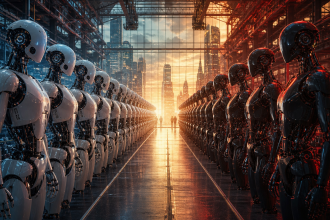 Concept robots humanoïdes alignés dans une usine futuriste, guerre des robots US-Chine