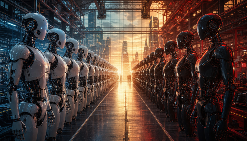 Concept robots humanoïdes alignés dans une usine futuriste, guerre des robots US-Chine