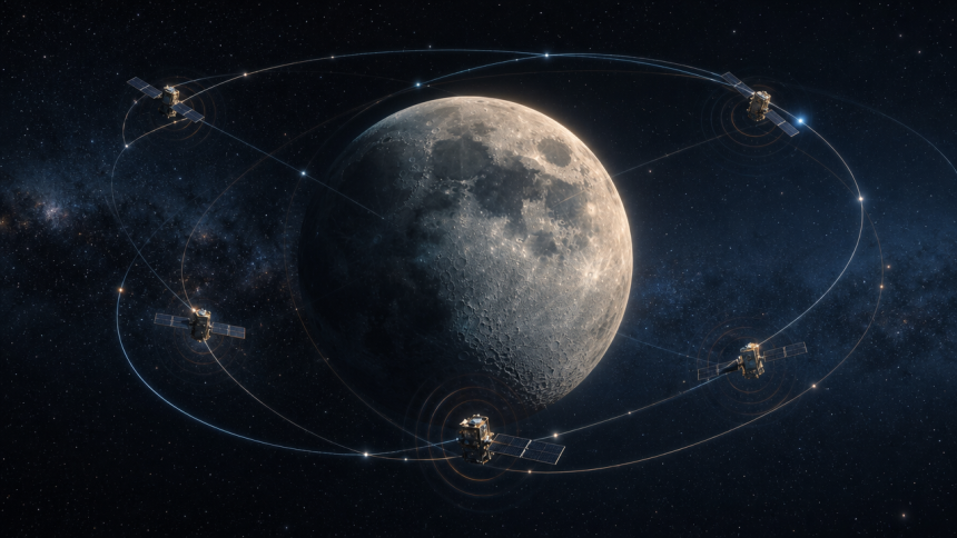 Concept : constellation de satellites de navigation en orbite lunaire, pour un temps lunaire standard unifié