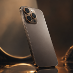 Concept flagship premium titane sur fond sombre studio, iPhone 18