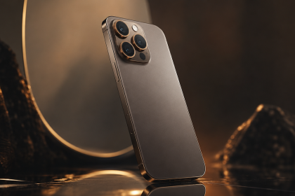 Concept flagship premium titane sur fond sombre studio, iPhone 18