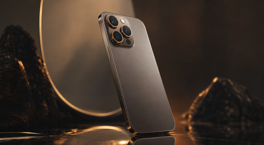 Concept flagship premium titane sur fond sombre studio, iPhone 18