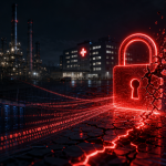 Concept illustration d'une cyberattaque Cl0p ciblant les infrastructures de Shell et Philips : cadenas numérique brisé, flux de données binaires, raffinerie et hôpital