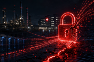 Concept illustration d'une cyberattaque Cl0p ciblant les infrastructures de Shell et Philips : cadenas numérique brisé, flux de données binaires, raffinerie et hôpital