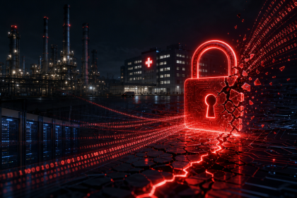 Concept illustration d'une cyberattaque Cl0p ciblant les infrastructures de Shell et Philips : cadenas numérique brisé, flux de données binaires, raffinerie et hôpital