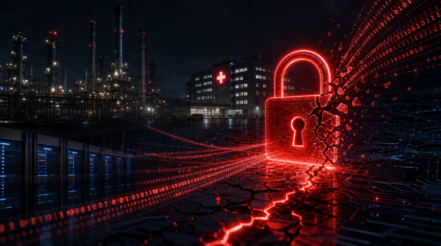 Concept illustration d'une cyberattaque Cl0p ciblant les infrastructures de Shell et Philips : cadenas numérique brisé, flux de données binaires, raffinerie et hôpital