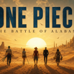 Key art One Piece saison 3 : l'équipage du chapeau de paille traverse le désert d'Alabasta vers un soleil couchant, au-dessus le logo ONE PIECE et le titre THE BATTLE OF ALABASTA