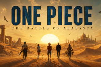 Key art One Piece saison 3 : l'équipage du chapeau de paille traverse le désert d'Alabasta vers un soleil couchant, au-dessus le logo ONE PIECE et le titre THE BATTLE OF ALABASTA