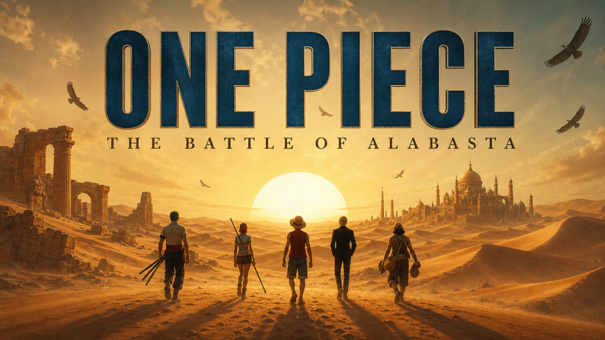 Key art One Piece saison 3 : l'équipage du chapeau de paille traverse le désert d'Alabasta vers un soleil couchant, au-dessus le logo ONE PIECE et le titre THE BATTLE OF ALABASTA