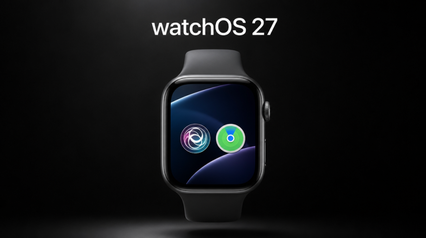 Apple Watch affichant watchOS 27 avec les nouvelles apps natives Siri et Find My