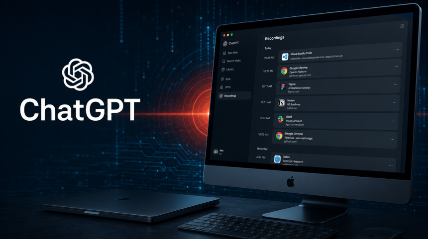 Concept : iMac affichant la timeline Computer History de ChatGPT qui enregistre clics, frappes et navigation sur Mac
