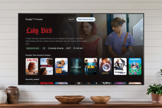 Google TV Freeplay, l'interface du catalogue à la demande avec le film Lady Bird