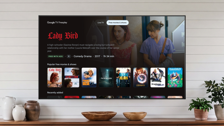 Google TV Freeplay, l'interface du catalogue à la demande avec le film Lady Bird