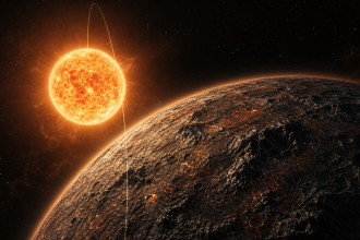 Concept de la megaterre rocheuse GJ 523b, exoplanete de 23 masses terrestres en orbite de sa naine K