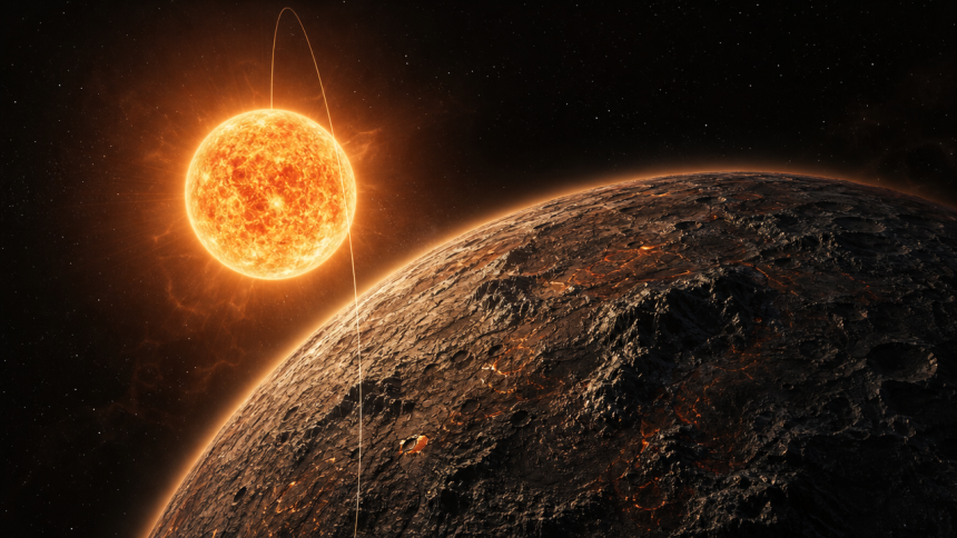 Concept de la megaterre rocheuse GJ 523b, exoplanete de 23 masses terrestres en orbite de sa naine K