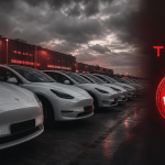 Rangée de Tesla Model Y blanches dans un lot de l'usine Gigafactory en Chine, wordmark TESLA rouge et badge d'alerte RECALL, concept pour l'article sur le rappel record