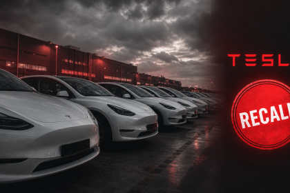 Rangée de Tesla Model Y blanches dans un lot de l'usine Gigafactory en Chine, wordmark TESLA rouge et badge d'alerte RECALL, concept pour l'article sur le rappel record