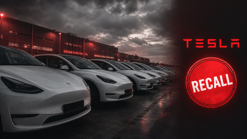 Rangée de Tesla Model Y blanches dans un lot de l'usine Gigafactory en Chine, wordmark TESLA rouge et badge d'alerte RECALL, concept pour l'article sur le rappel record