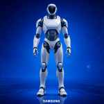 Robot humanoïde Samsung, rendu concept sur fond bleu aux couleurs de la marque