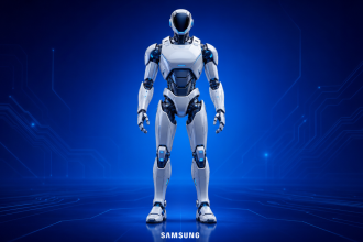 Robot humanoïde Samsung, rendu concept sur fond bleu aux couleurs de la marque