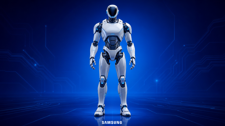 Robot humanoïde Samsung, rendu concept sur fond bleu aux couleurs de la marque