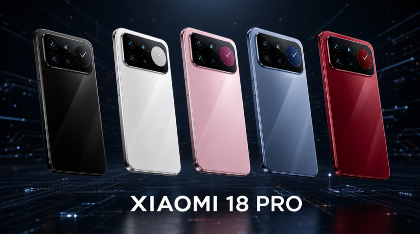 Xiaomi 18 Pro, rendu concept avec cinq coloris (noir, blanc, rose, bleu, rouge) et dos en fibre de verre