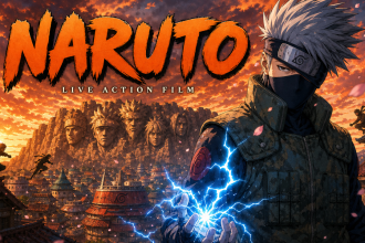 Concept key art Naruto : Kakashi Hatake, sensei de la Team 7, face au village de Konoha et au monument des Hokage, pour le film live-action Lionsgate