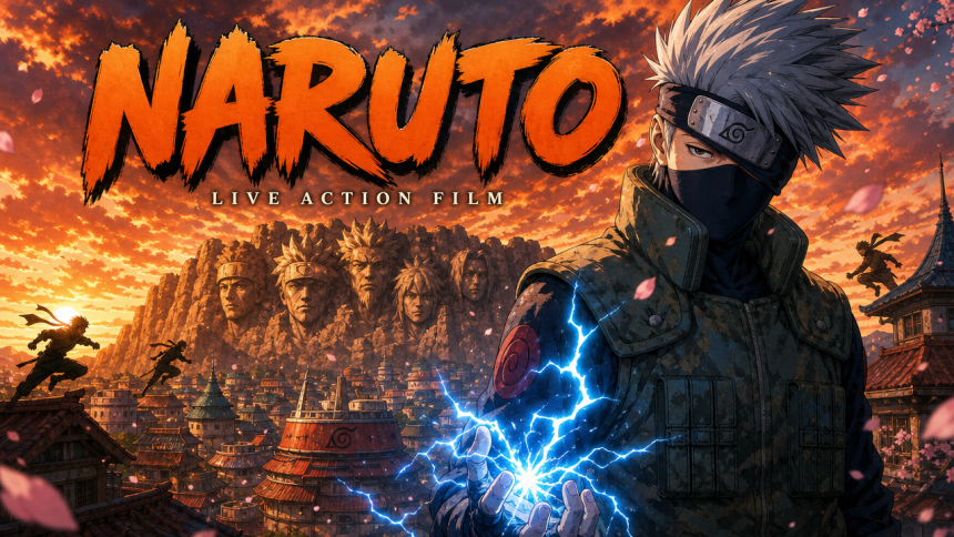 Concept key art Naruto : Kakashi Hatake, sensei de la Team 7, face au village de Konoha et au monument des Hokage, pour le film live-action Lionsgate