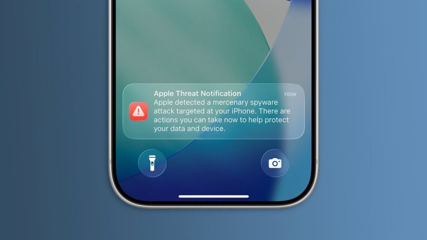 iPhone affichant la notification de menace Apple : détection d'une attaque spyware mercenaire