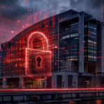 Ministère de l'Économie de Bercy sous une attaque cybernétique, cadenas numérique rouge surimposé sur le bâtiment