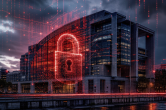 Ministère de l'Économie de Bercy sous une attaque cybernétique, cadenas numérique rouge surimposé sur le bâtiment