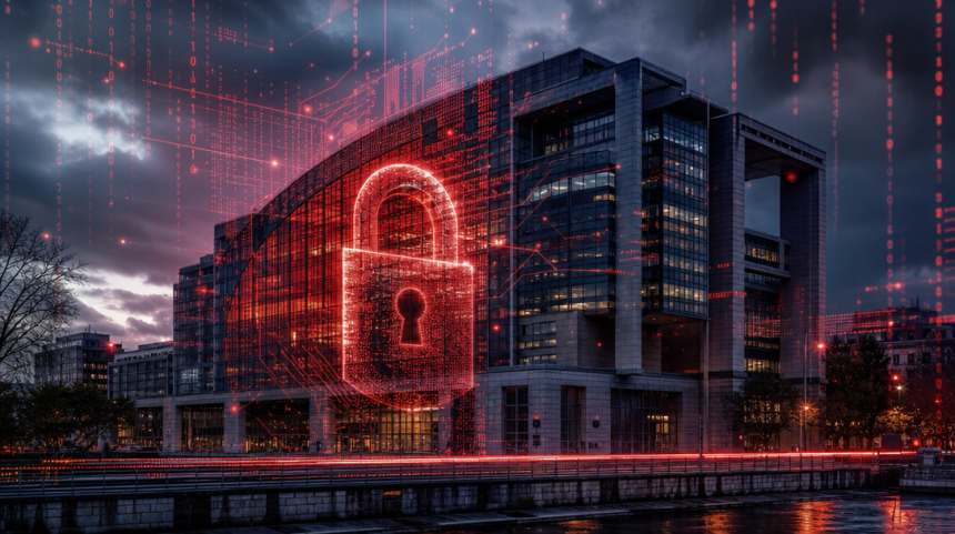 Ministère de l'Économie de Bercy sous une attaque cybernétique, cadenas numérique rouge surimposé sur le bâtiment