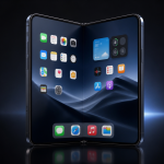 iPhone Ultra, rendu concept du premier iPhone pliable, écran interne ouvert sur fond sombre studio