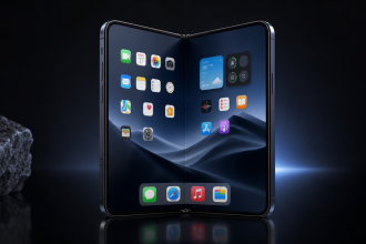 iPhone Ultra, rendu concept du premier iPhone pliable, écran interne ouvert sur fond sombre studio