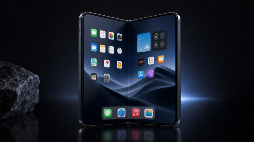iPhone Ultra, rendu concept du premier iPhone pliable, écran interne ouvert sur fond sombre studio