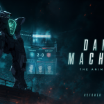 Concept key art original Dark Machine the Animation : mecha sombre dans une arène esport futuriste (match TEAM NORTH contre TEAM SUNSET), sortie octobre 2026