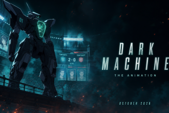 Concept key art original Dark Machine the Animation : mecha sombre dans une arène esport futuriste (match TEAM NORTH contre TEAM SUNSET), sortie octobre 2026